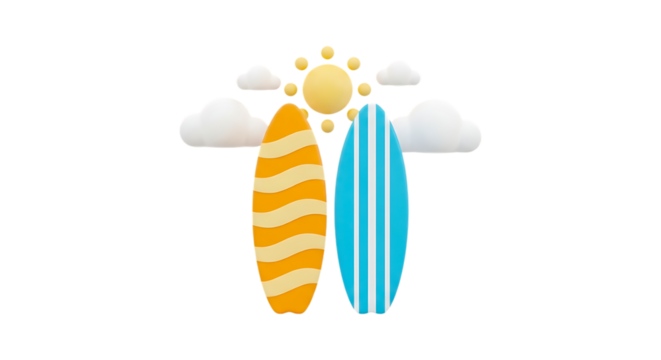 Two colorful surfboards standing upright with a cartoon sun and clouds above isolated on transparent background