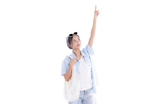 A Glimpse of the Horizon: A young woman with sunglasses and a tote bag gazes upwards, her arm extended, as if pointing towards an exciting destination, full of hope and anticipation.
