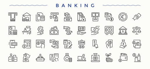 Set of Banking line icon. Contain linear symbols balance, bank, analysis, management, accounting and more. Line symbol and sign. Accounting icon. Editable vector. Pixel perfect.