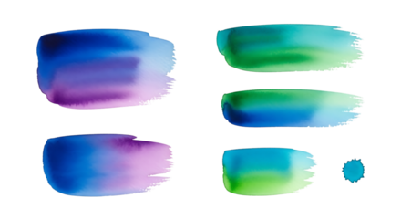 Collection of colorful watercolor brush strokes with purple blue and green hues isolated on transparent background
