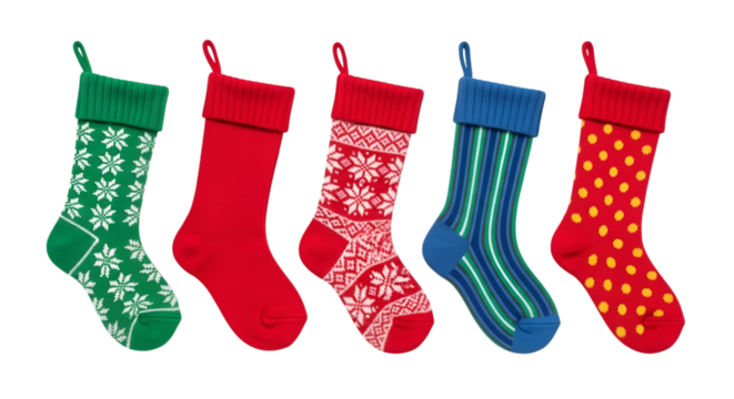 Five festive christmas stockings with various traditional patterns and colors arranged in a row isolated on transparent background