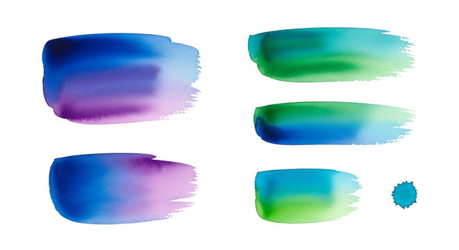 Collection of colorful watercolor brush strokes with purple blue and green hues isolated on transparent background