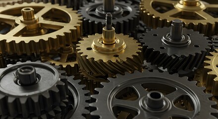 Intricate Interlocking Gears and Cogs in Metal and Gold, Mechanical Precision Engineering Concept