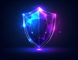 Neon illuminated futuristic shield emblem representing cyber security protection