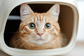 Adorable ginger cat peeks out from its cozy hideaway, its bright eyes wide with curiosity. A furry friend in a box! A purrfect picture for animal lovers everywhere.