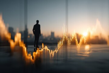 Executive overlooking glowing financial market trends above a stunning city skyline.