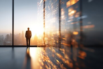 Businessman gazing at a futuristic city skyline with digital data overlay at sunset.