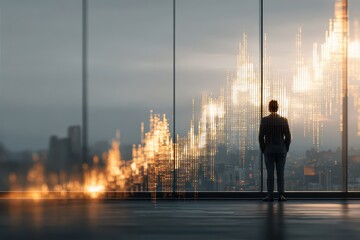 Businessman observing dynamic financial growth data on modern office window.