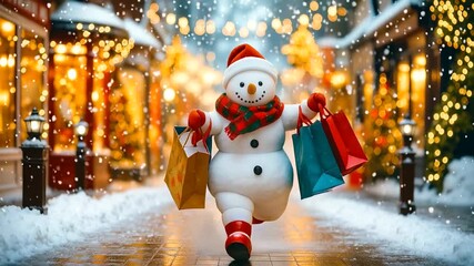 Jolly snowman in Santa hat joyfully carrying shopping bags down a festive, snow-covered street with twinkling Christmas lights. Concept the spirit of holiday shopping and winter holidays celebrations - Powered by Adobe