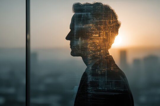 AI concept: Man's profile filled with digital code and data at sunset.