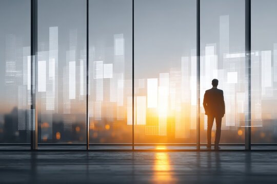 Businessman contemplating data visualizations over a sunrise city skyline