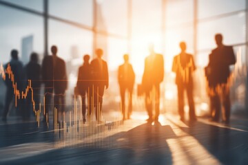 Dynamic business team moving with financial data overlay in a sunlit modern office setting.