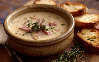 a bowl of creamy soup with pieces of ham and fresh thyme, served alongside slices of rustic bread. the focus is on the face. 