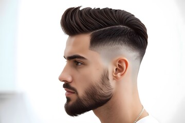 Side Profile of Man with Wavy Pompadour Haircut and Sharp Skin Fade