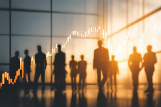 Business team silhouettes against a financial chart, symbolizing growth.