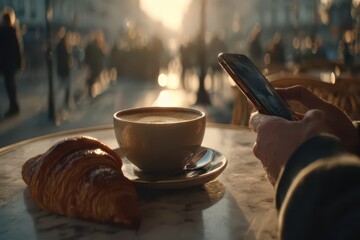Enjoying a croissant and coffee with smartphone at a bright sunlit cafe.