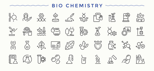 Bio Chemistry icon set. Thin UI icons. Editable stroke. Pixel Perfect. Biology icon set. Pictograms of science, molecular, biology, chemist, technology and more.