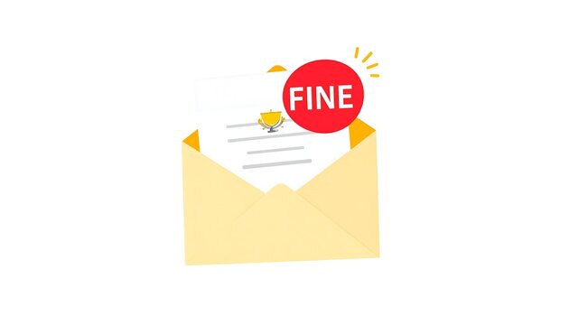 Envelope with document, trophy icon, "FINE" in a red circle