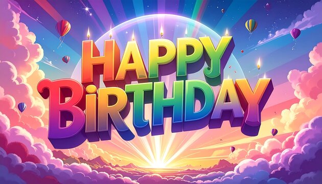 A vivid, colorful illustration celebrating a birthday. The design uses rainbow text with a radiant sun and soft clouds. Hot air balloons float in the sky