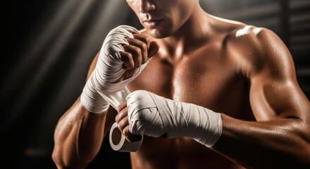 Boxer Preparing For Fight Taping His Hands Before Boxing Training