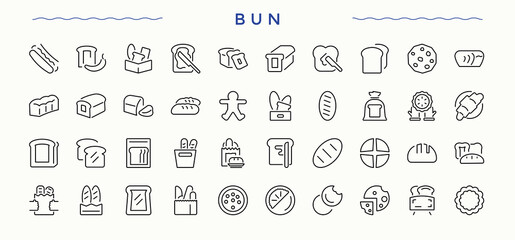 Bun icon set. Related to eat, cheese, fast, hamburger, bun and more. Cheeseburger icon collection. Modern vector UI icons. Editable vector art and illustration.