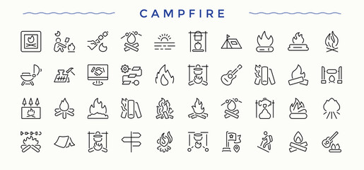 Campfire icon pack. Related to tourism, tent, camping, tour, fishing, vacation, forest. Travel icon set. Line icons with editable stroke. Vector illustration. Pixel perfect.
