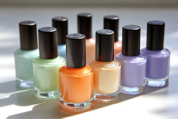 Shimmering pastel nail polish bottles in a vibrant colorful collection.