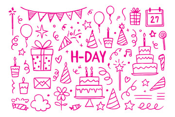 Birthday doodle icon element. Hand drawn sketch doodle birthday cake, balloon, event decoration element. Party, carnival celebration concept background. Vector illustration