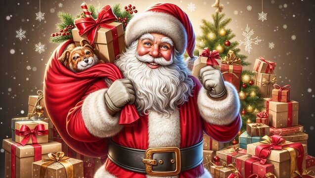 Image is a vibrant, festive illustration featuring Santa Claus in a classic red and white suit with a large black belt and a fluffy white beard. 