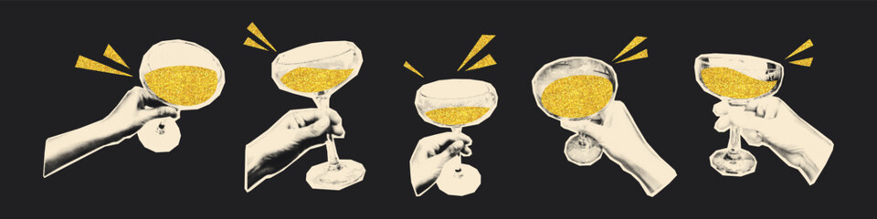 Halftone hands holding champagne glasses with sparkling golden drink. Modern retro collage vector illustration for Christmas and New Year celebration and mixed media party design © ugguggu