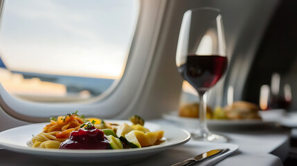 Enjoying a meal at cruising altitude: pasta dish and a glass of red wine complement the sunset view from the aircraft window, creating a luxurious travel moment.