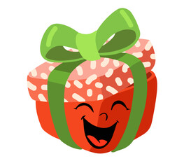 Cheerful cartoon laughing gift with green ribbon in Christmas colors.