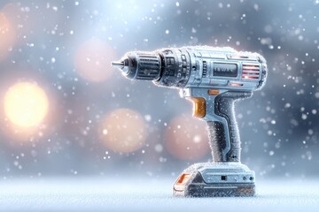 A futuristic cordless drill standing in the snow during a winter blizzard, showcasing power tools and craftsmanship under challenging environmental conditions.