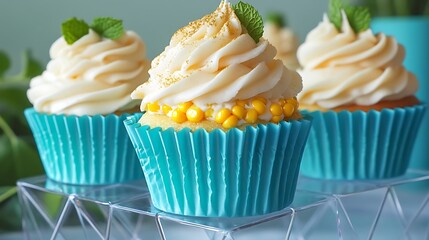Delicious Frosted Vanilla Cupcakes with Mint and Gold Sprinkles