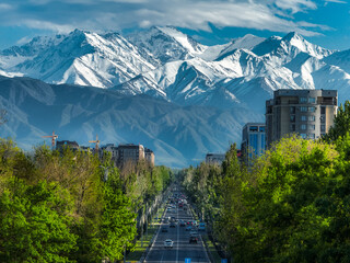 A view down a tree-lined city boulevard with traffic, framed by apartment blocks and the vast, snow-capped Tian Shan mountains