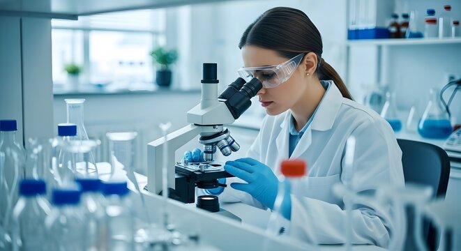 Scientist analyzing sample under microscope in laboratory, medical research