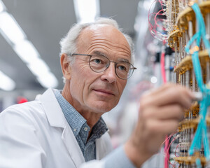 A mature man in a white lab coat and glasses is working with electronic components on an assembly line, possibly testing or assembling parts of technology devices.
