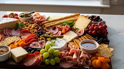 A generous charcuterie board brimming with cheeses, cured meats, fruits, nuts, olives, crackers, and dips