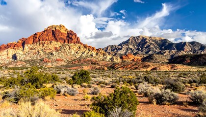 Obraz premium A vivid desert landscape features colorful sandstone mountains under a partly cloudy sky, contrasted by arid terrain and sparse vegetation