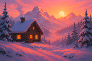 Fototapeta premium Golden hour with pink reflections on snow.