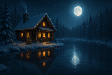 Fototapeta premium Frozen lake with cabin reflection.