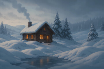 Fototapeta premium Rolling snowy hills around the cabin.