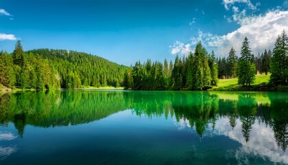Fototapeta premium The Trees Were Reflected In The Clear Water Of The Lake Which Was Green Against The Blue Sky