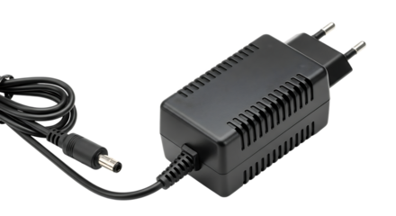Black electrical power adapter with a coiled cable and a usb connector isolated on transparent background