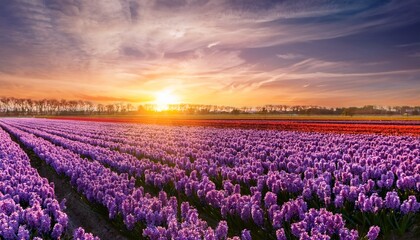 Fototapeta premium Spring Flower Field At Sunset In The Netherlands With Rich Purple Hyacinths Banner Floral Background