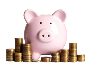 Piggy bank with stacks of gold and silver coins, isolated on transparent background, PNG