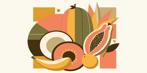 Colorful Composition of Fresh Tropical Fruits and Geometric Shapes