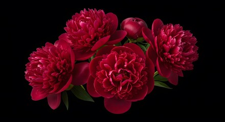 Rich Burgundy Red Peony Flowers Grouped on a Dark Black Background Studio Shot