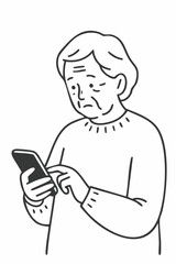 Simple illustration. Line art. An image illustration depicting an elderly woman struggling to operate a smartphone. Scam. Spam. Difficult.