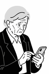 Simple illustration. Line art. An image illustration depicting an elderly woman struggling to operate a smartphone. Scam. Spam. Difficult.